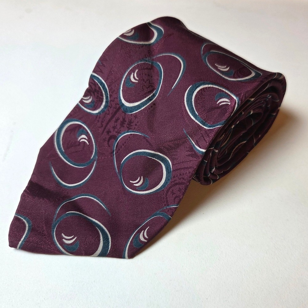 Nordstrom Mens Silk Tie Burgundy Teal Abstract Swirl Geometric Hand Sewn 66 Long